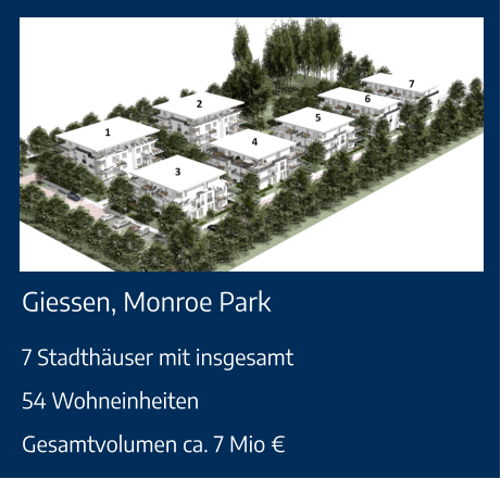 Giessen, Monroe Park 7 Stadthäuser mit insgesamt54 WohneinheitenGesamtvolumen ca. 7 Mio €